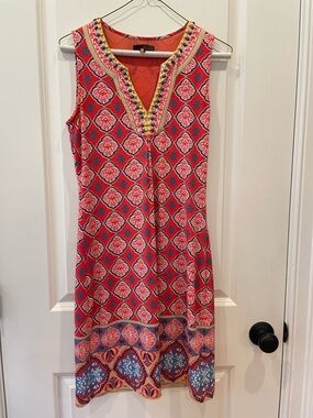 Hale Bob Coral Pink Patterned Sleeveless Mini Dress with Embellished V-Neck